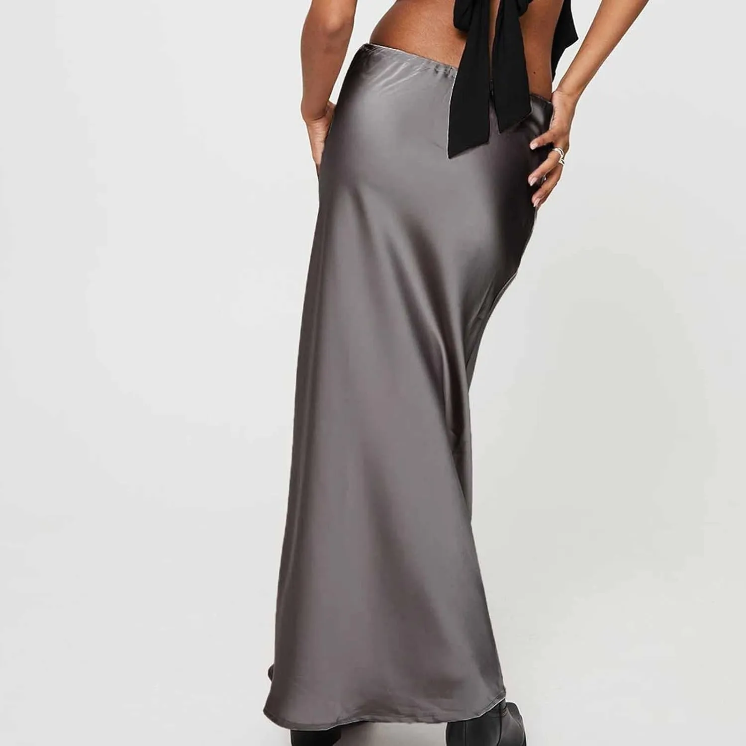 Women Satin Bodycon Midi Skirt Lace-Up High Waist Solid Pencil Skirts Spring Summer Elegant Prom Party Long Skirt
