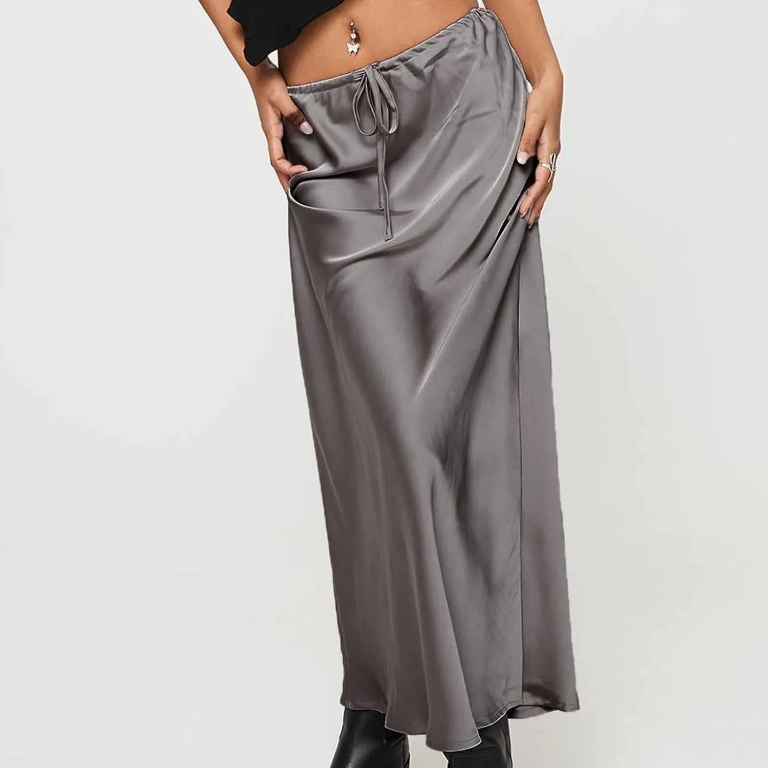 Women Satin Bodycon Midi Skirt Lace-Up High Waist Solid Pencil Skirts Spring Summer Elegant Prom Party Long Skirt