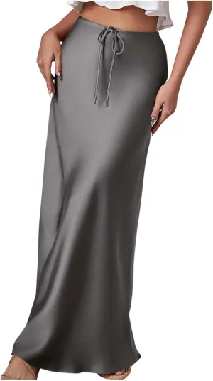 Women Satin Bodycon Midi Skirt Lace-Up High Waist Solid Pencil Skirts Spring Summer Elegant Prom Party Long Skirt