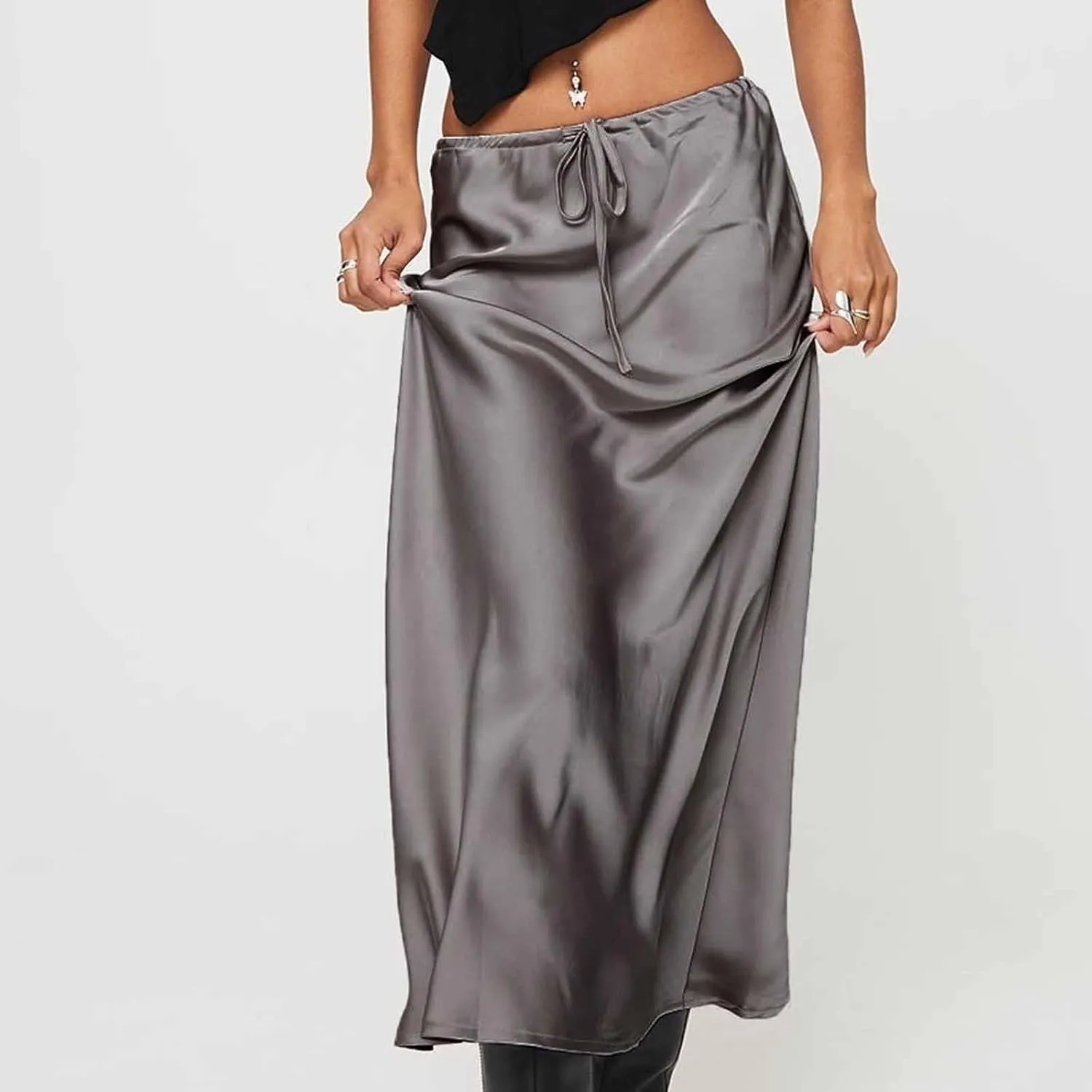 Women Satin Bodycon Midi Skirt Lace-Up High Waist Solid Pencil Skirts Spring Summer Elegant Prom Party Long Skirt