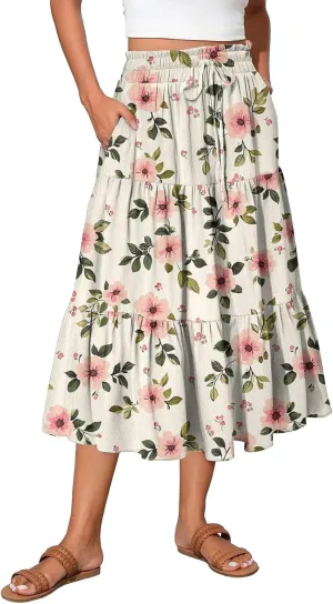 Women Skirt Summer Drawstring High Waist Midi Skirt Elegant A Line Floral Print Tiered Knee Length Skirts with Pockets