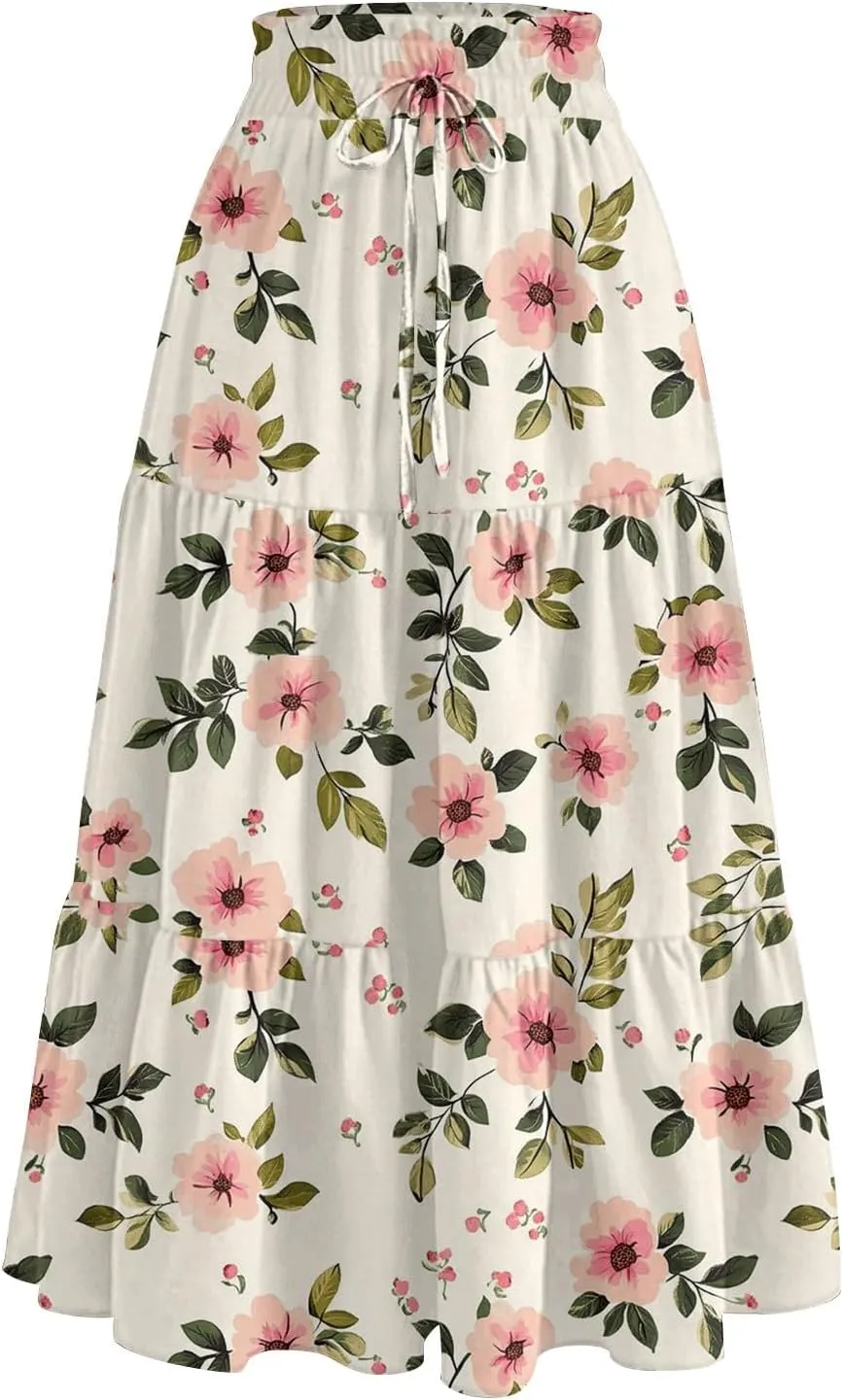 Women Skirt Summer Drawstring High Waist Midi Skirt Elegant A Line Floral Print Tiered Knee Length Skirts with Pockets