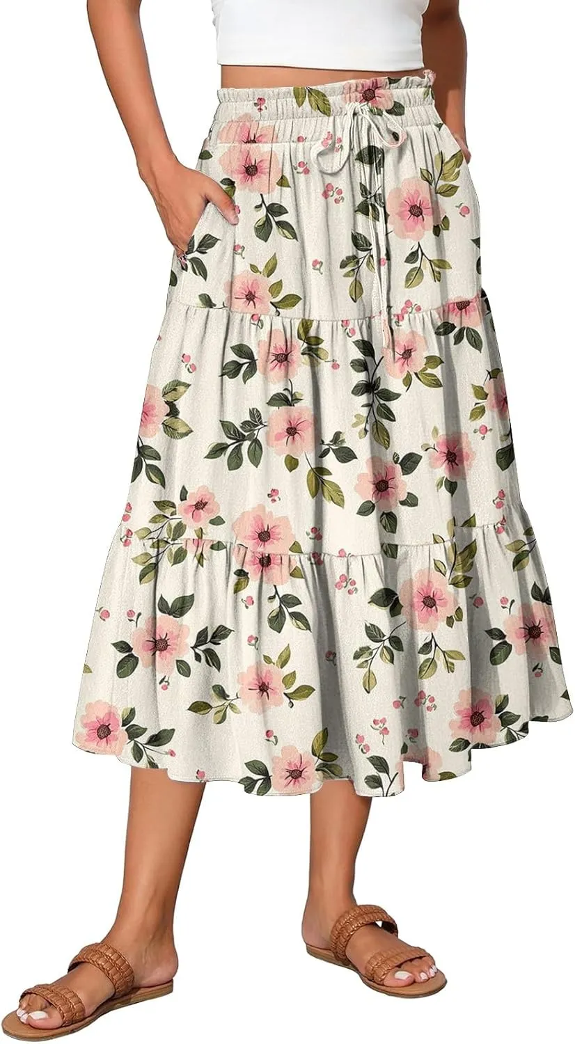 Women Skirt Summer Drawstring High Waist Midi Skirt Elegant A Line Floral Print Tiered Knee Length Skirts with Pockets