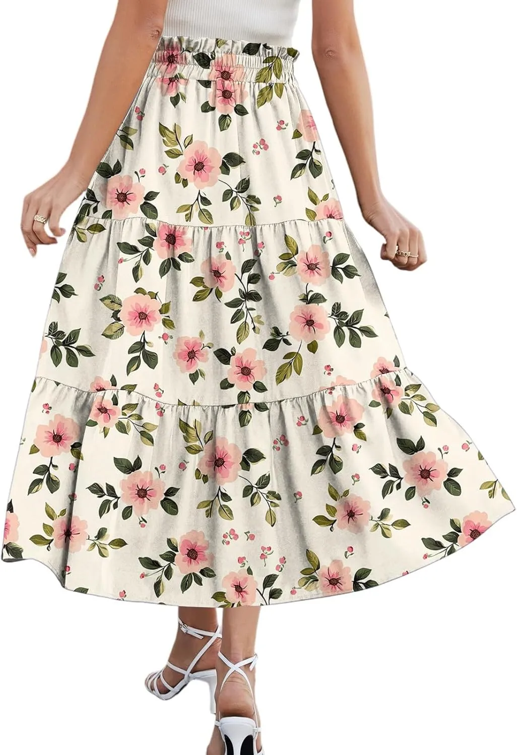 Women Skirt Summer Drawstring High Waist Midi Skirt Elegant A Line Floral Print Tiered Knee Length Skirts with Pockets