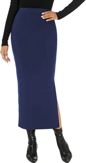 Women Spring Long Pencil Slit Tummy Control Elastic High Waist Bodycon Casual Skirts