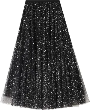 Women Starry Sky Gillter Midi Tulle Skirts High Waist Double Layer Mesh Tutu Sequin Skirts A-line Pleated Skirts