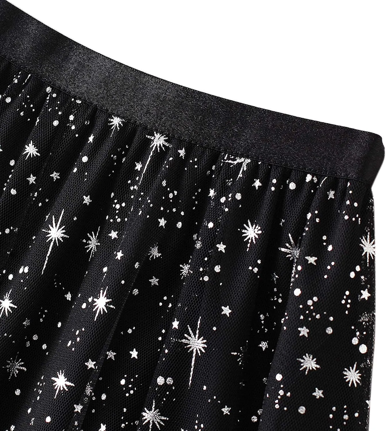 Women Starry Sky Gillter Midi Tulle Skirts High Waist Double Layer Mesh Tutu Sequin Skirts A-line Pleated Skirts