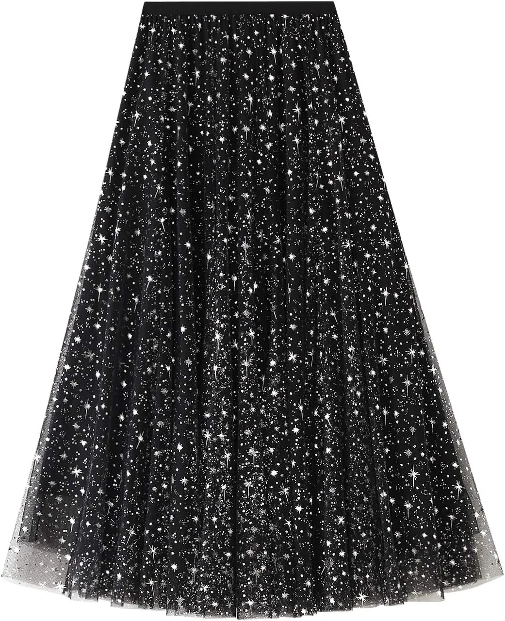 Women Starry Sky Gillter Midi Tulle Skirts High Waist Double Layer Mesh Tutu Sequin Skirts A-line Pleated Skirts