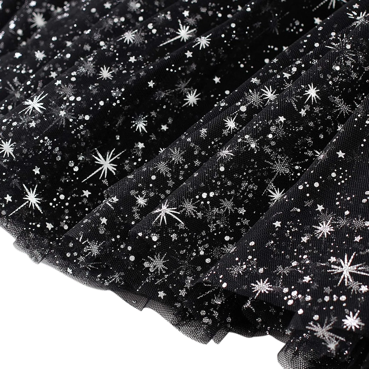 Women Starry Sky Gillter Midi Tulle Skirts High Waist Double Layer Mesh Tutu Sequin Skirts A-line Pleated Skirts