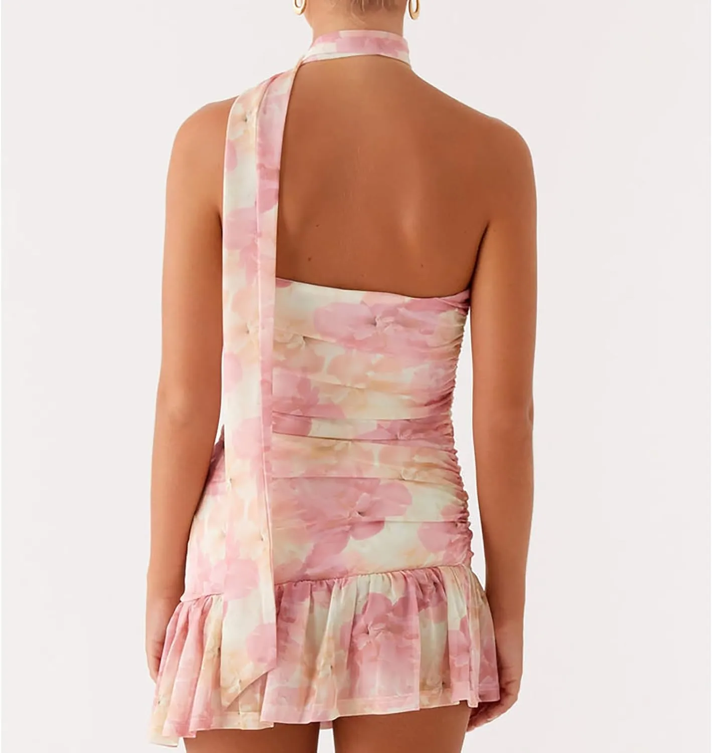 Women Strapless Mini Tube Dress Neck Scarf Floral Sleeveless Backless Going Out Dress Casual Beach Sundress