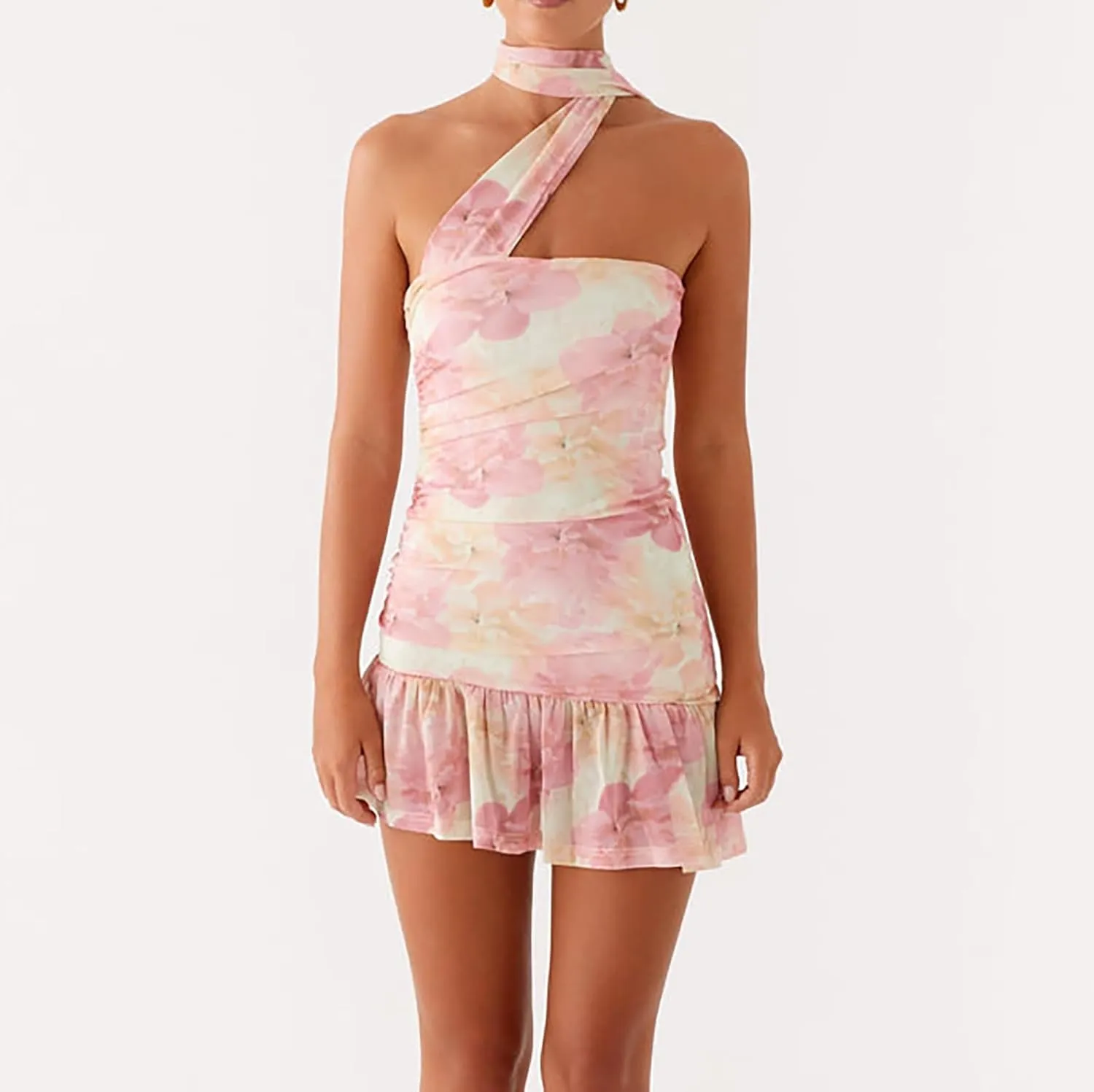 Women Strapless Mini Tube Dress Neck Scarf Floral Sleeveless Backless Going Out Dress Casual Beach Sundress
