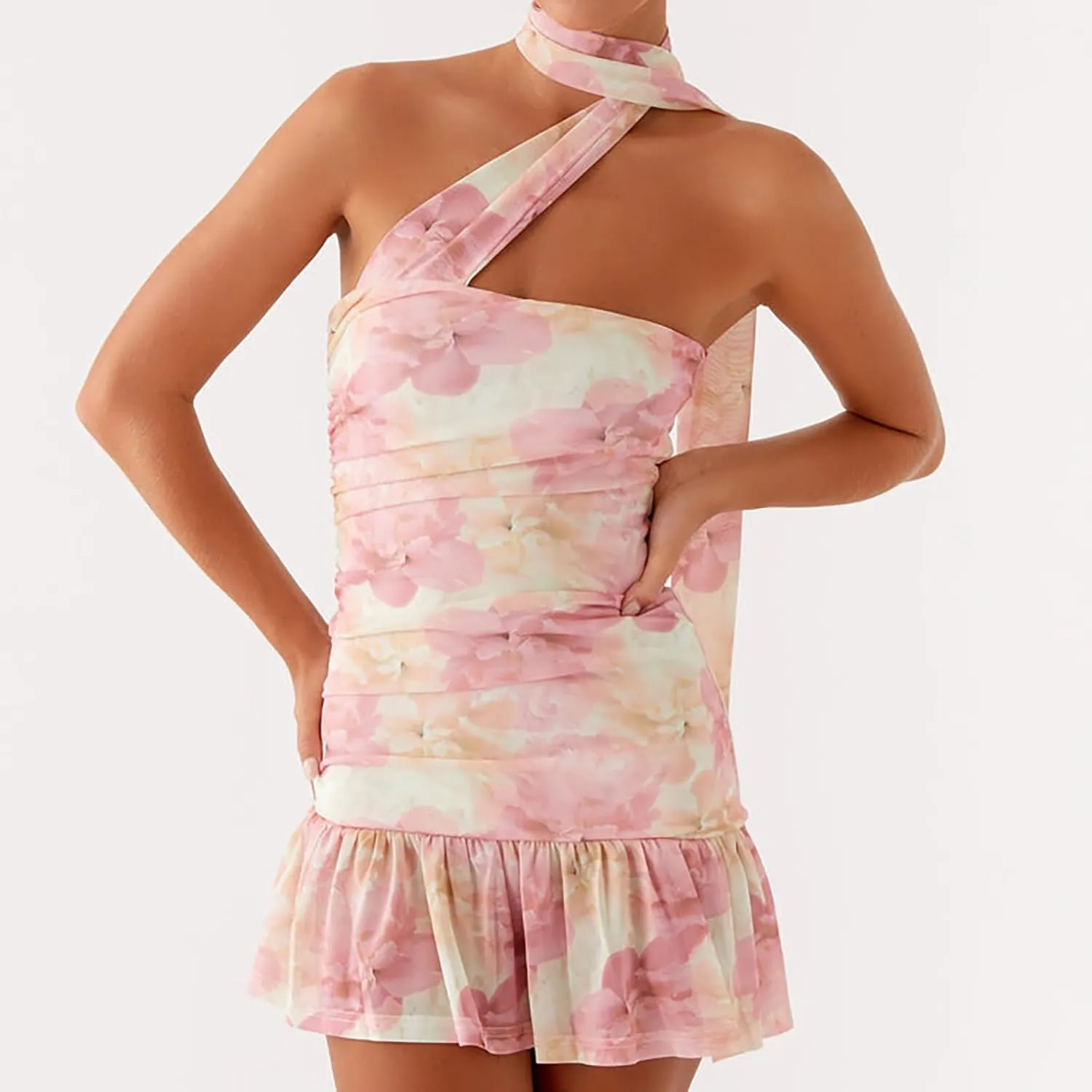 Women Strapless Mini Tube Dress Neck Scarf Floral Sleeveless Backless Going Out Dress Casual Beach Sundress