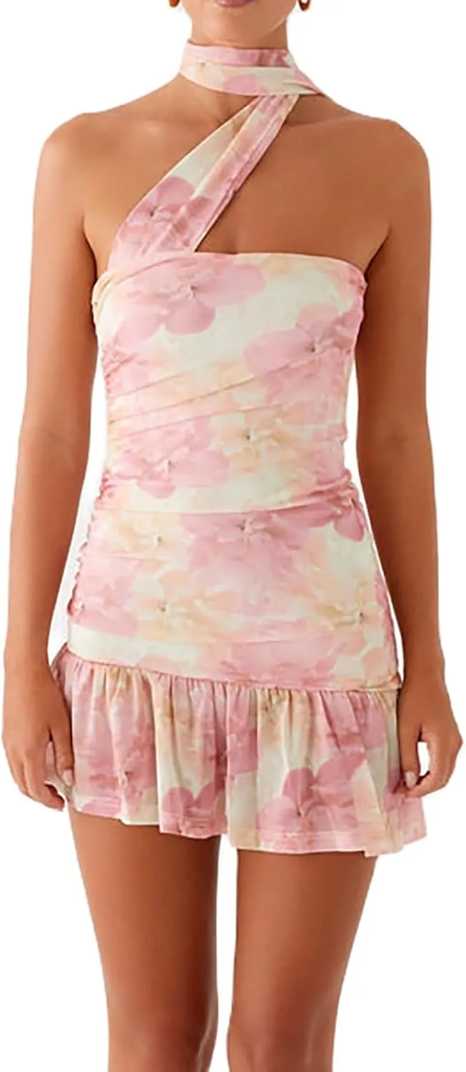 Women Strapless Mini Tube Dress Neck Scarf Floral Sleeveless Backless Going Out Dress Casual Beach Sundress