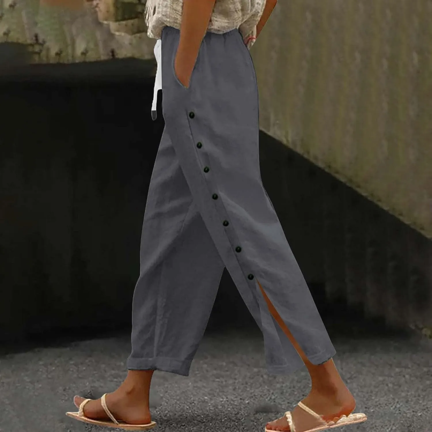 Women Summer Casual Linen Pants Striped Side Button Pants Baggy Elastic Waist Straight Leg Trousers with Pocket