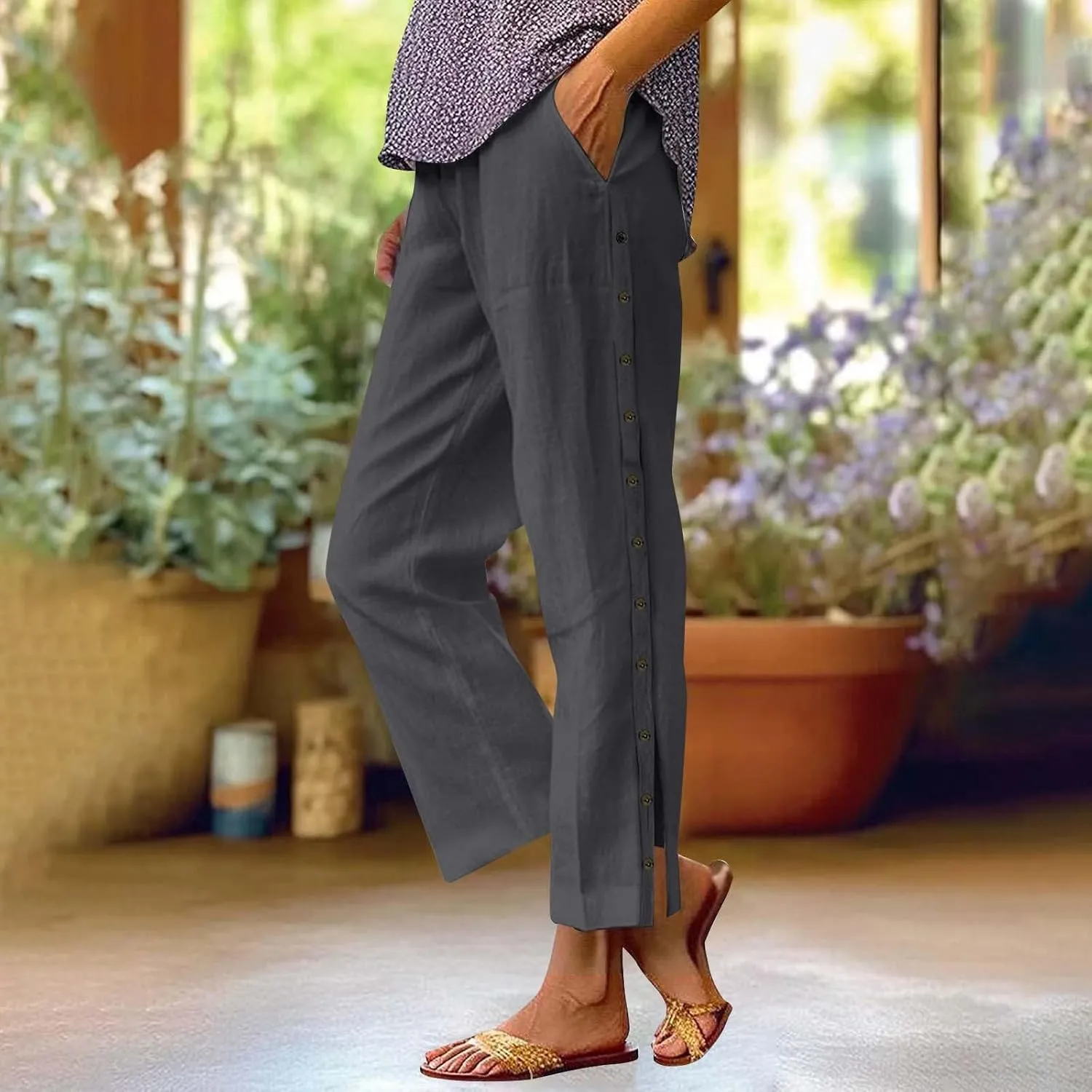 Women Summer Casual Linen Pants Striped Side Button Pants Baggy Elastic Waist Straight Leg Trousers with Pocket