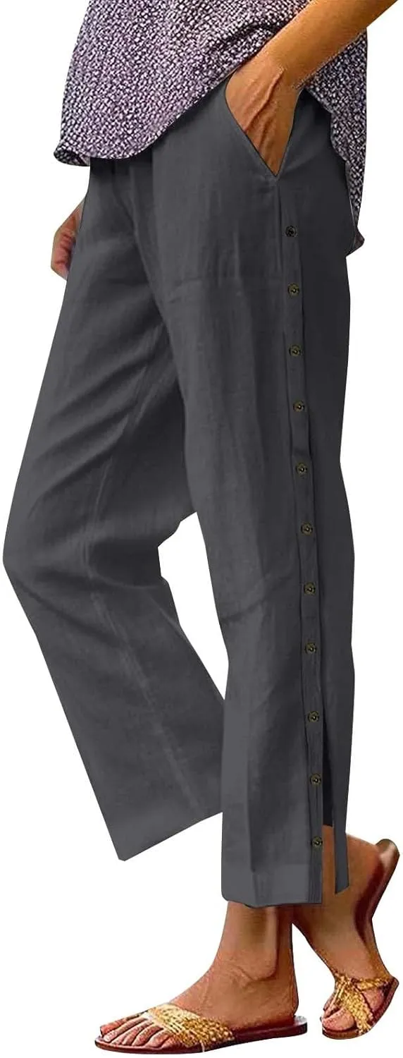 Women Summer Casual Linen Pants Striped Side Button Pants Baggy Elastic Waist Straight Leg Trousers with Pocket