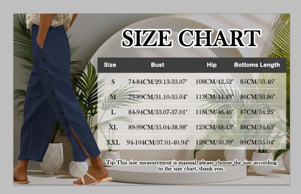 Women Summer Casual Linen Pants Striped Side Button Pants Baggy Elastic Waist Straight Leg Trousers with Pocket