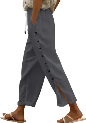 Women Summer Casual Linen Pants Striped Side Button Pants Baggy Elastic Waist Straight Leg Trousers with Pocket