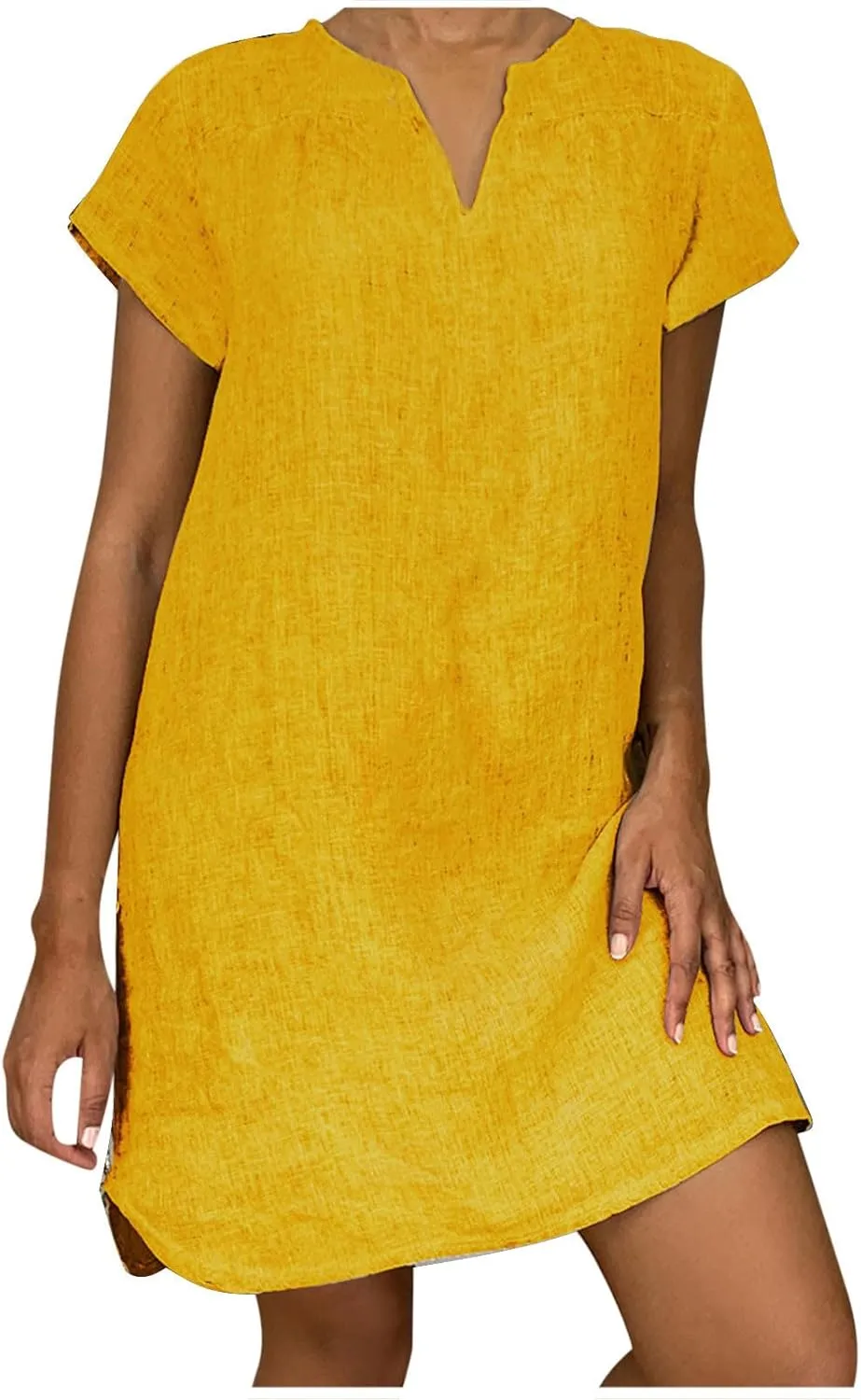 Women Summer Dresses Short Sleeve Cotton Linen Sundresses Knee Length Lightweight Casual T Shirt Dress