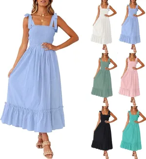 Women Summer Dresses Spaghetti Strap Square Neck Sundress Tie Up Smocked Maxi Dress Ruffle Tiered A Line Beach Dress