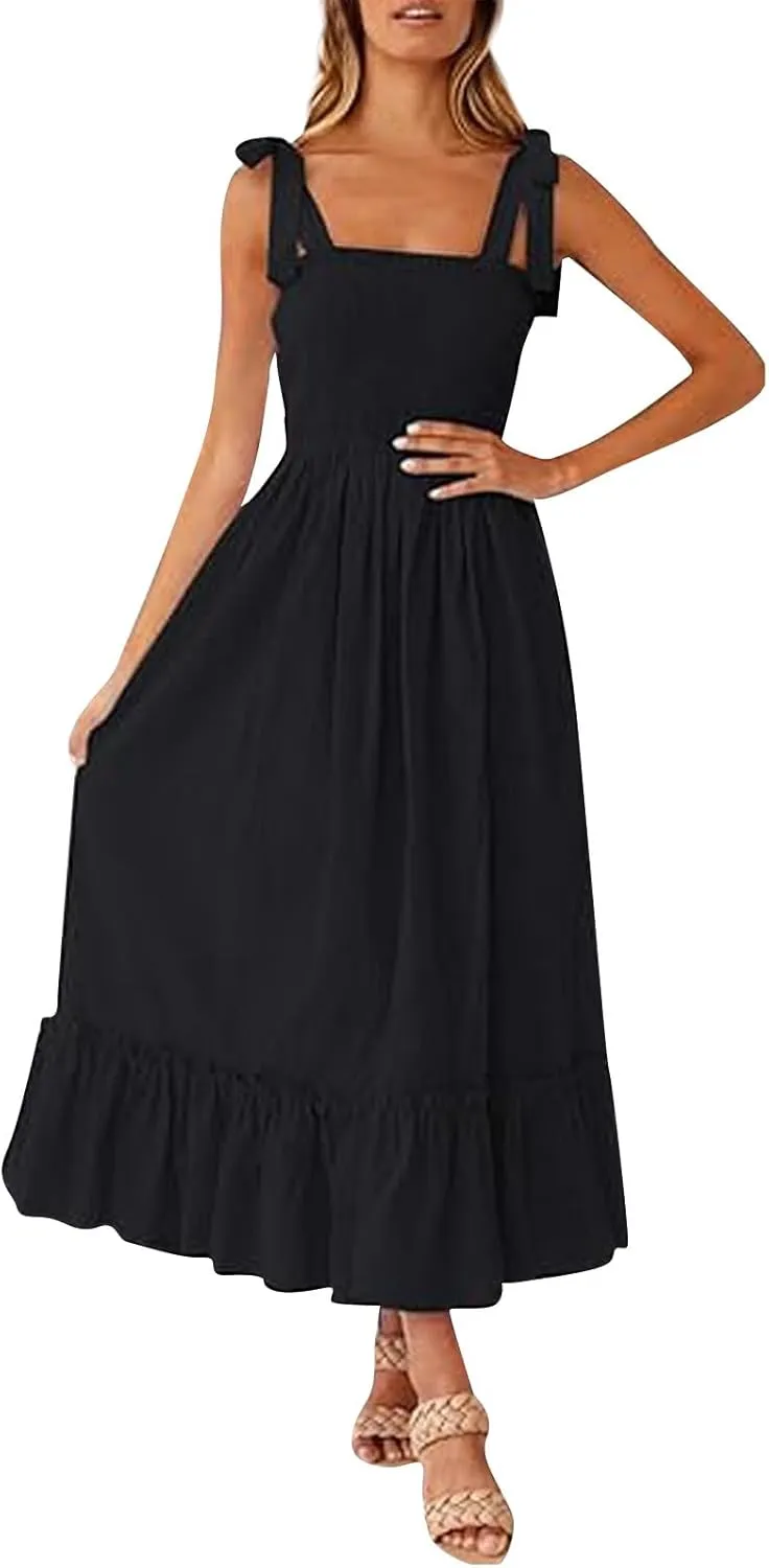 Women Summer Dresses Spaghetti Strap Square Neck Sundress Tie Up Smocked Maxi Dress Ruffle Tiered A Line Beach Dress