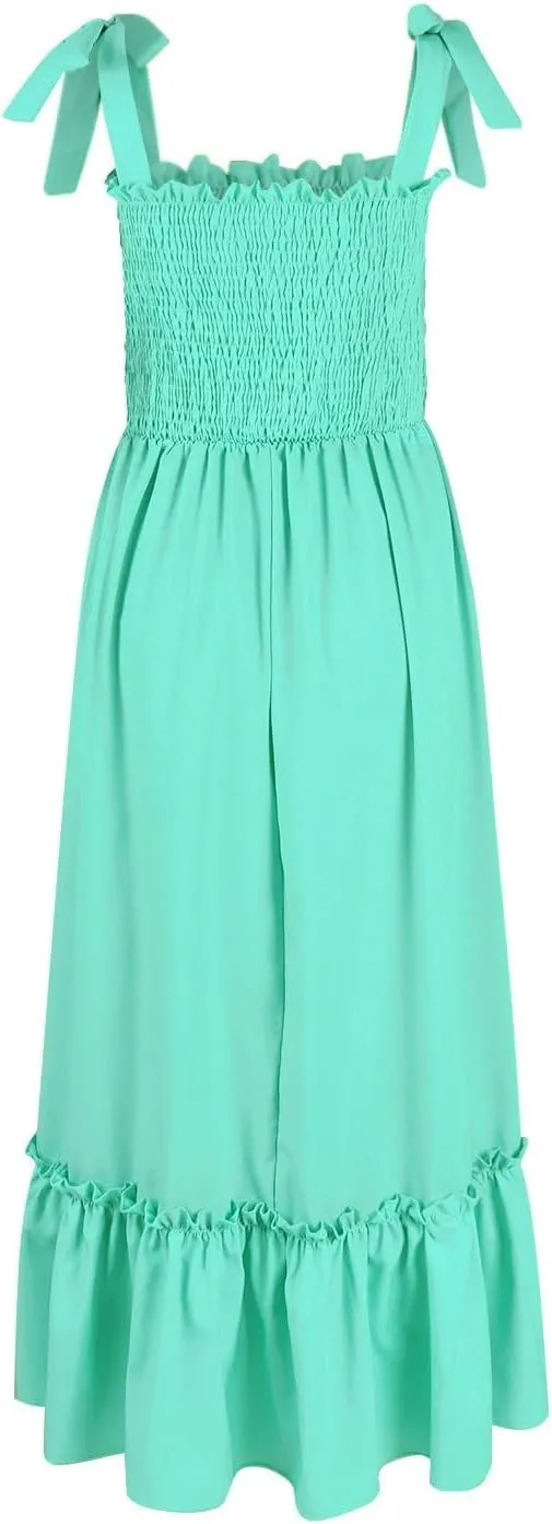 Women Summer Dresses Spaghetti Strap Square Neck Sundress Tie Up Smocked Maxi Dress Ruffle Tiered A Line Beach Dress