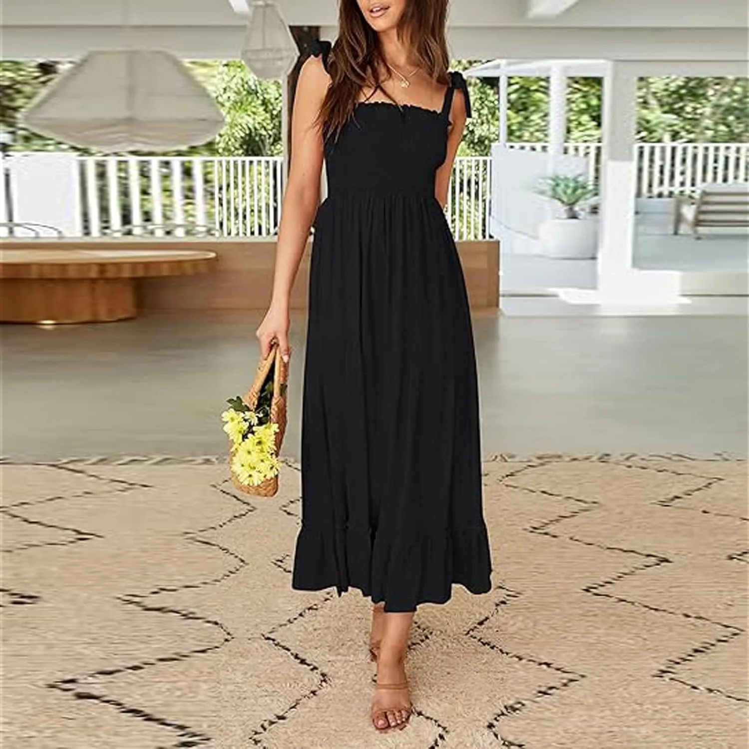Women Summer Dresses Spaghetti Strap Square Neck Sundress Tie Up Smocked Maxi Dress Ruffle Tiered A Line Beach Dress