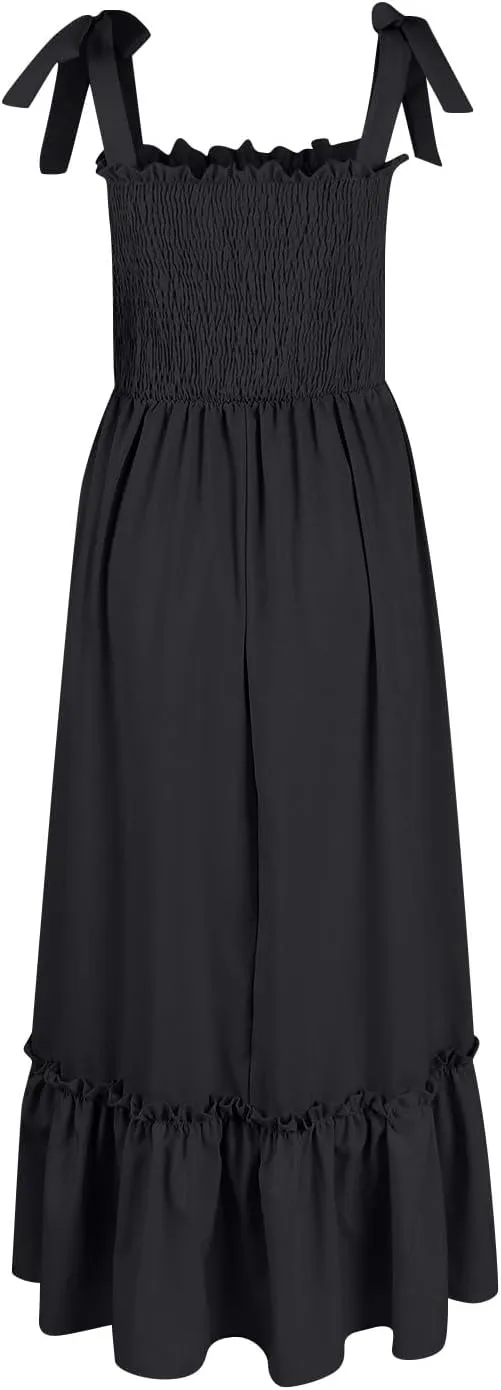 Women Summer Dresses Spaghetti Strap Square Neck Sundress Tie Up Smocked Maxi Dress Ruffle Tiered A Line Beach Dress