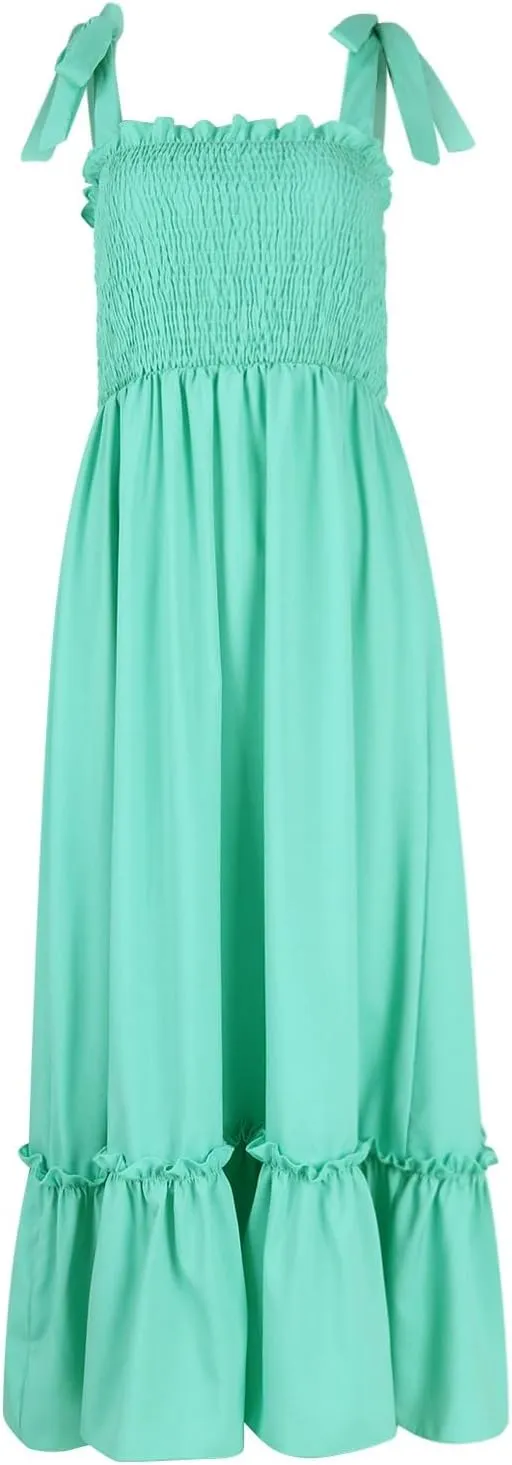 Women Summer Dresses Spaghetti Strap Square Neck Sundress Tie Up Smocked Maxi Dress Ruffle Tiered A Line Beach Dress