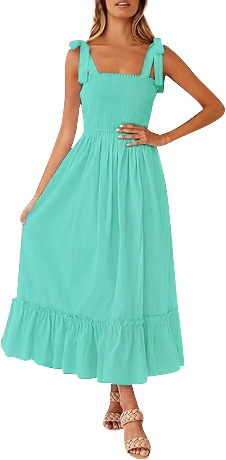 Women Summer Dresses Spaghetti Strap Square Neck Sundress Tie Up Smocked Maxi Dress Ruffle Tiered A Line Beach Dress
