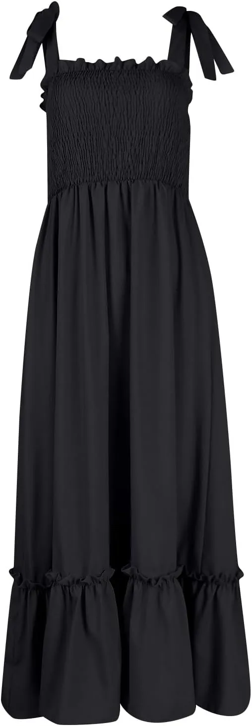 Women Summer Dresses Spaghetti Strap Square Neck Sundress Tie Up Smocked Maxi Dress Ruffle Tiered A Line Beach Dress