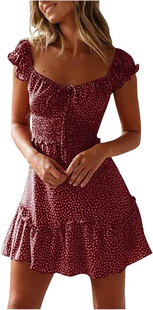 Women Summer Dresses Square Neck Ruffle Sleeve Pleated Tiered Floral Print Boohemian Mini Dress Beach Vacation Clothes