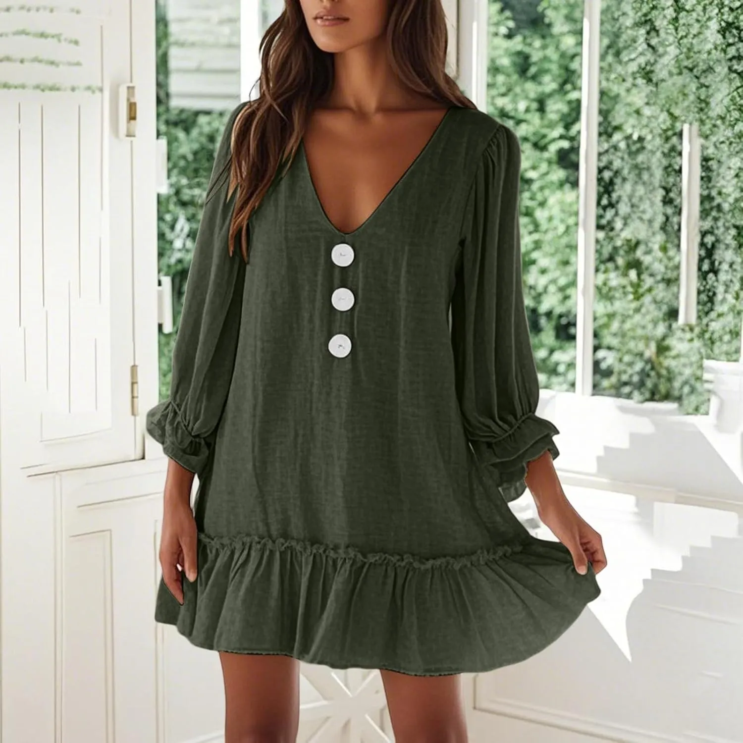 Women Summer Linen Dress Ruffle Hem Button Down Long Sleeve Mini Dress Deep V Neck Flowy Beach Vacation Short Dresses