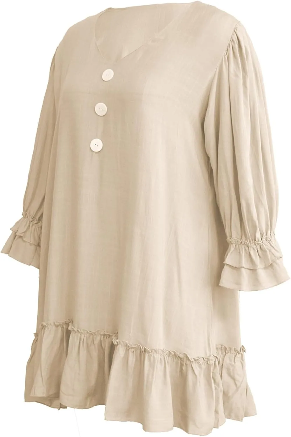 Women Summer Linen Dress Ruffle Hem Button Down Long Sleeve Mini Dress Deep V Neck Flowy Beach Vacation Short Dresses