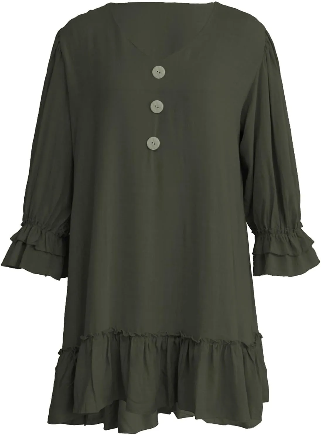Women Summer Linen Dress Ruffle Hem Button Down Long Sleeve Mini Dress Deep V Neck Flowy Beach Vacation Short Dresses