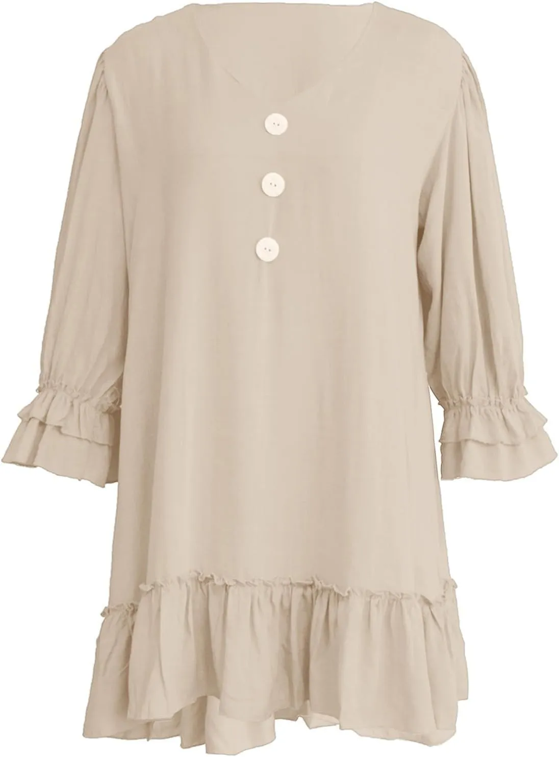 Women Summer Linen Dress Ruffle Hem Button Down Long Sleeve Mini Dress Deep V Neck Flowy Beach Vacation Short Dresses