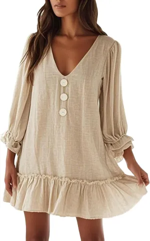 Women Summer Linen Dress Ruffle Hem Button Down Long Sleeve Mini Dress Deep V Neck Flowy Beach Vacation Short Dresses