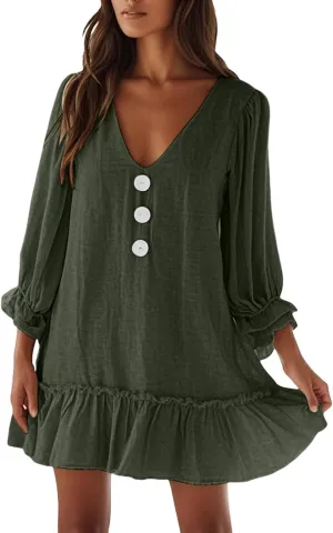 Women Summer Linen Dress Ruffle Hem Button Down Long Sleeve Mini Dress Deep V Neck Flowy Beach Vacation Short Dresses