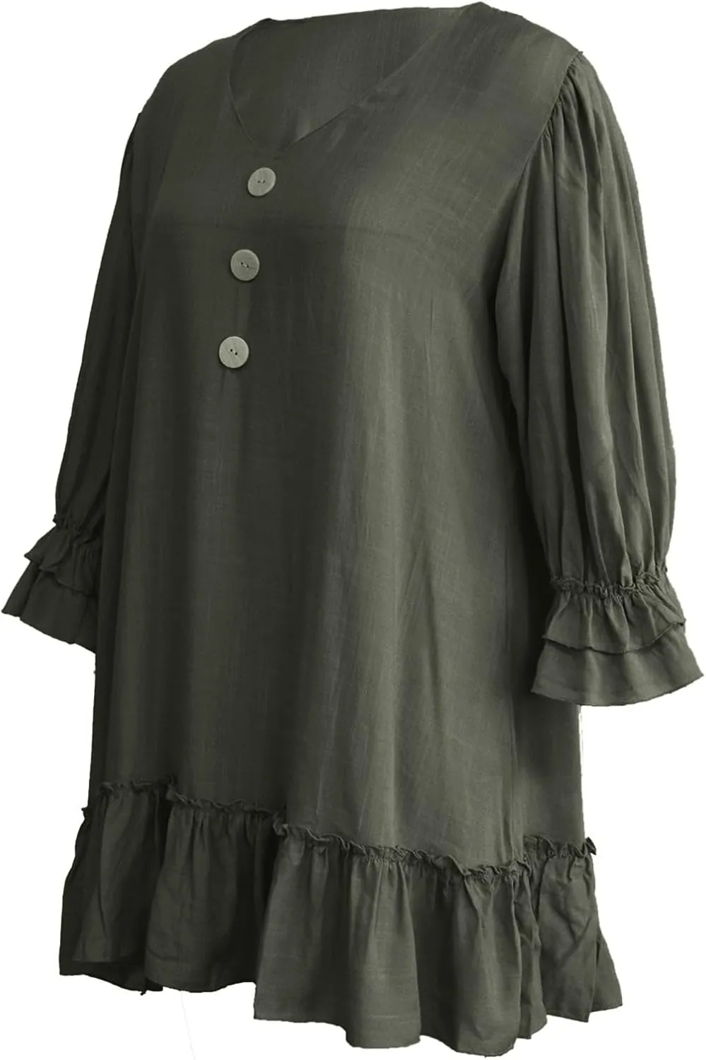 Women Summer Linen Dress Ruffle Hem Button Down Long Sleeve Mini Dress Deep V Neck Flowy Beach Vacation Short Dresses