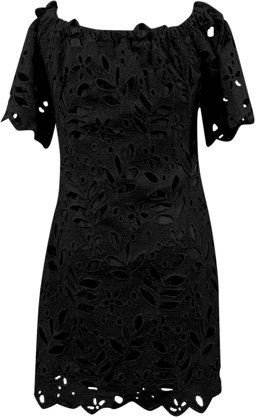 Women Summer Off Shoulder Hollow Out Dress Short Sleeve Lace Floral Mini Dress Casual Vacation Party Short Dresses