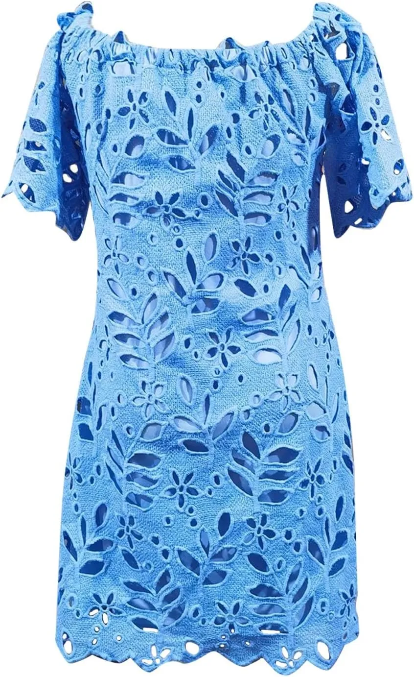 Women Summer Off Shoulder Hollow Out Dress Short Sleeve Lace Floral Mini Dress Casual Vacation Party Short Dresses
