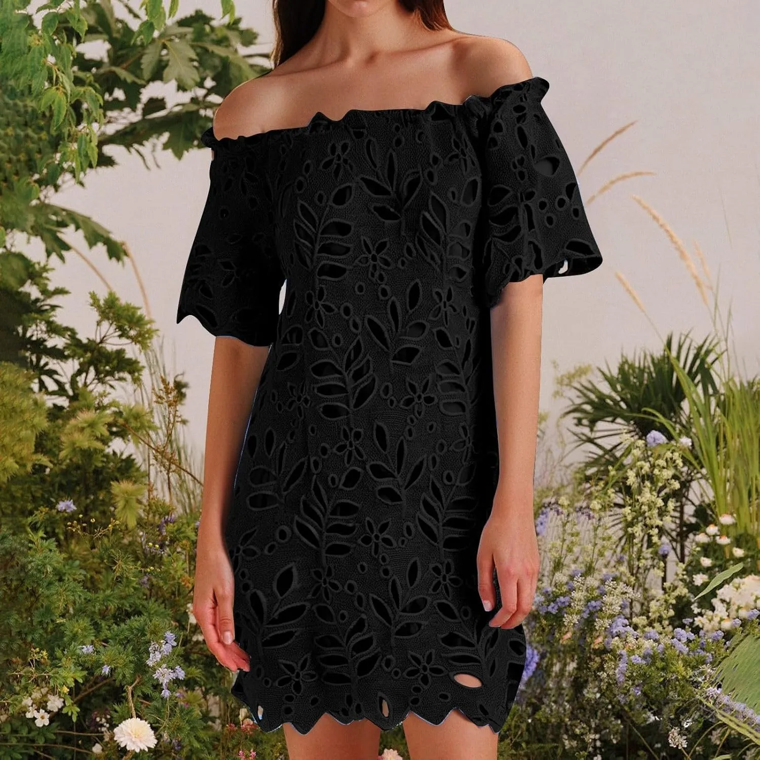 Women Summer Off Shoulder Hollow Out Dress Short Sleeve Lace Floral Mini Dress Casual Vacation Party Short Dresses
