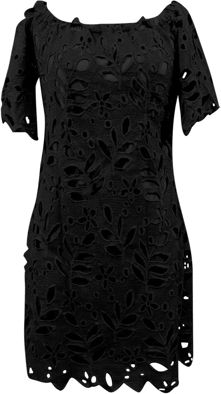Women Summer Off Shoulder Hollow Out Dress Short Sleeve Lace Floral Mini Dress Casual Vacation Party Short Dresses