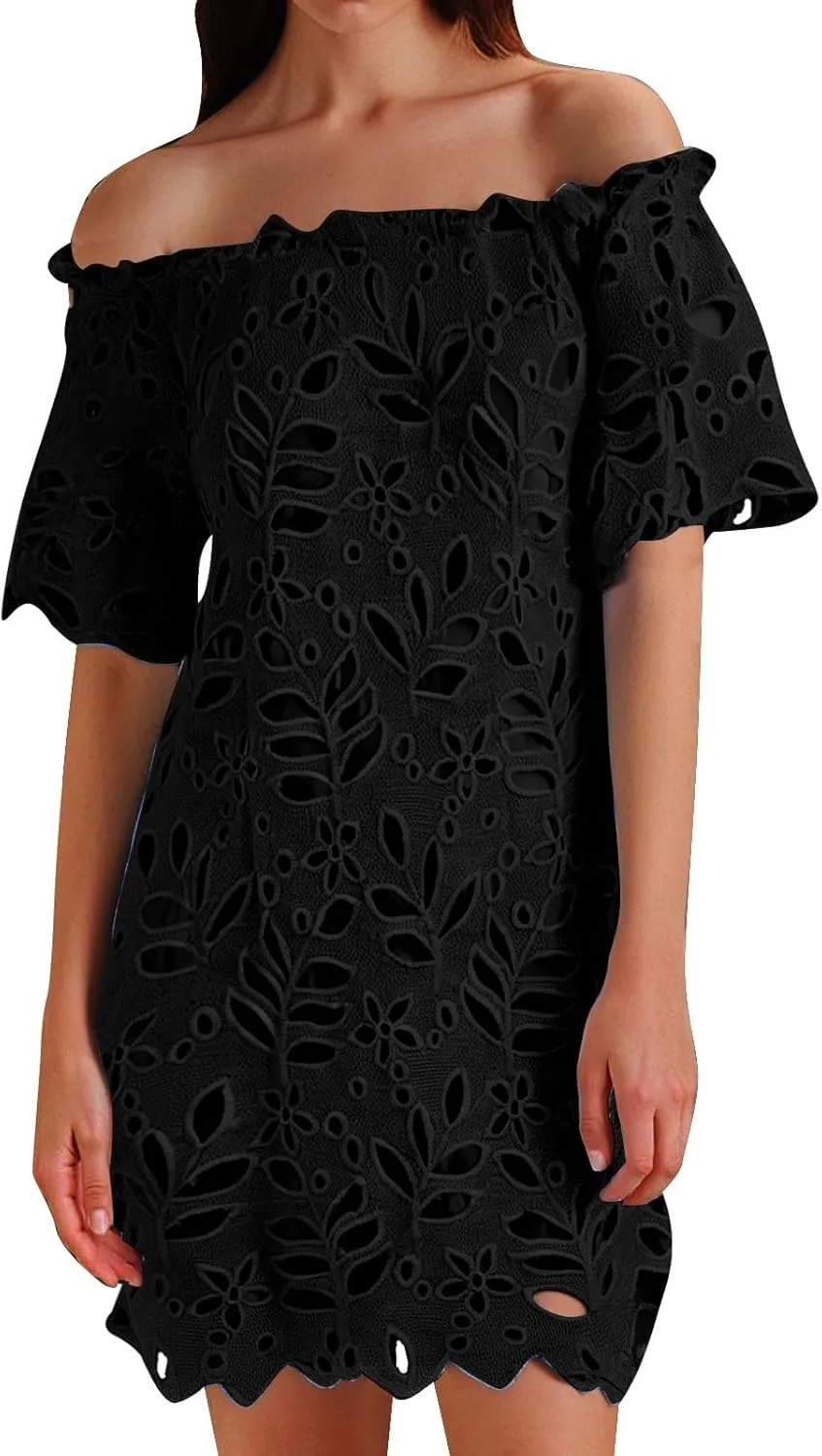 Women Summer Off Shoulder Hollow Out Dress Short Sleeve Lace Floral Mini Dress Casual Vacation Party Short Dresses