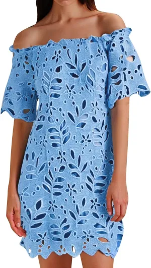 Women Summer Off Shoulder Hollow Out Dress Short Sleeve Lace Floral Mini Dress Casual Vacation Party Short Dresses