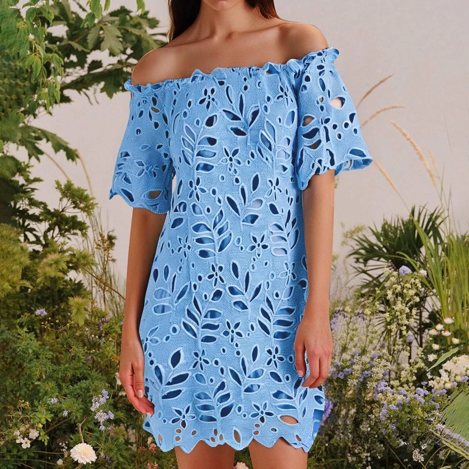 Women Summer Off Shoulder Hollow Out Dress Short Sleeve Lace Floral Mini Dress Casual Vacation Party Short Dresses