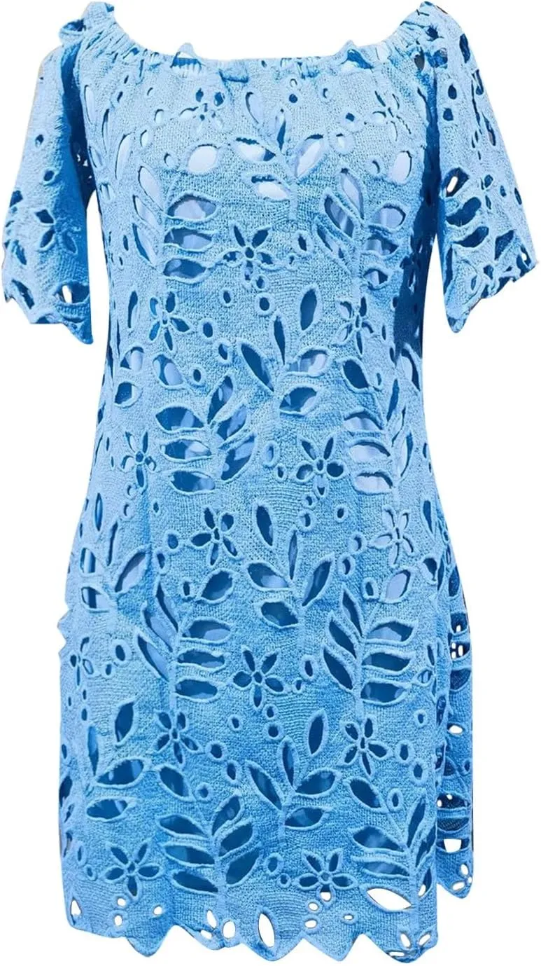 Women Summer Off Shoulder Hollow Out Dress Short Sleeve Lace Floral Mini Dress Casual Vacation Party Short Dresses