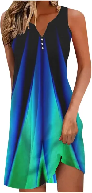 Women Summer Vacation Dresses Trendy V Neck Loose Beach Sun Dress Casual Knee Length Sleeveless Flowy Dresses