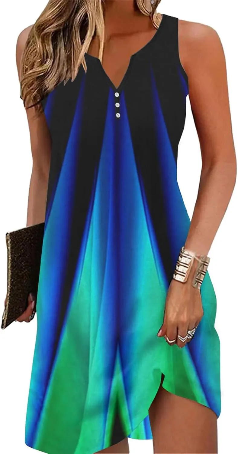 Women Summer Vacation Dresses Trendy V Neck Loose Beach Sun Dress Casual Knee Length Sleeveless Flowy Dresses