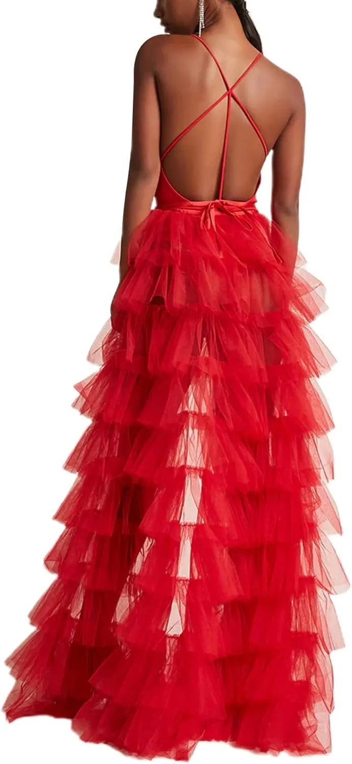 Women Tulle Tutu Long Skirts See-Through Layered Ruffled Slit Mesh Princess Skirt Cocktail Party Beach Skirts